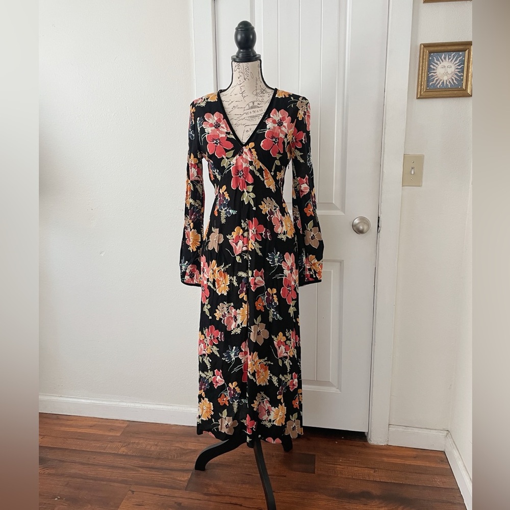 Zara Floral Velvet Trim V-Neck Long Sleeve Midi Dress Size Small Casual Boho